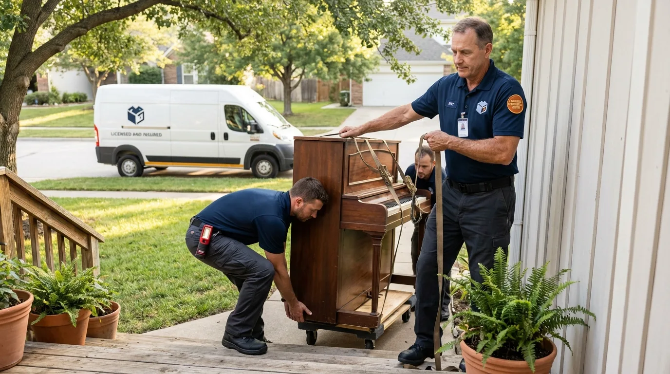 Licensed piano movers securing grand piano in North Arlington, NJ