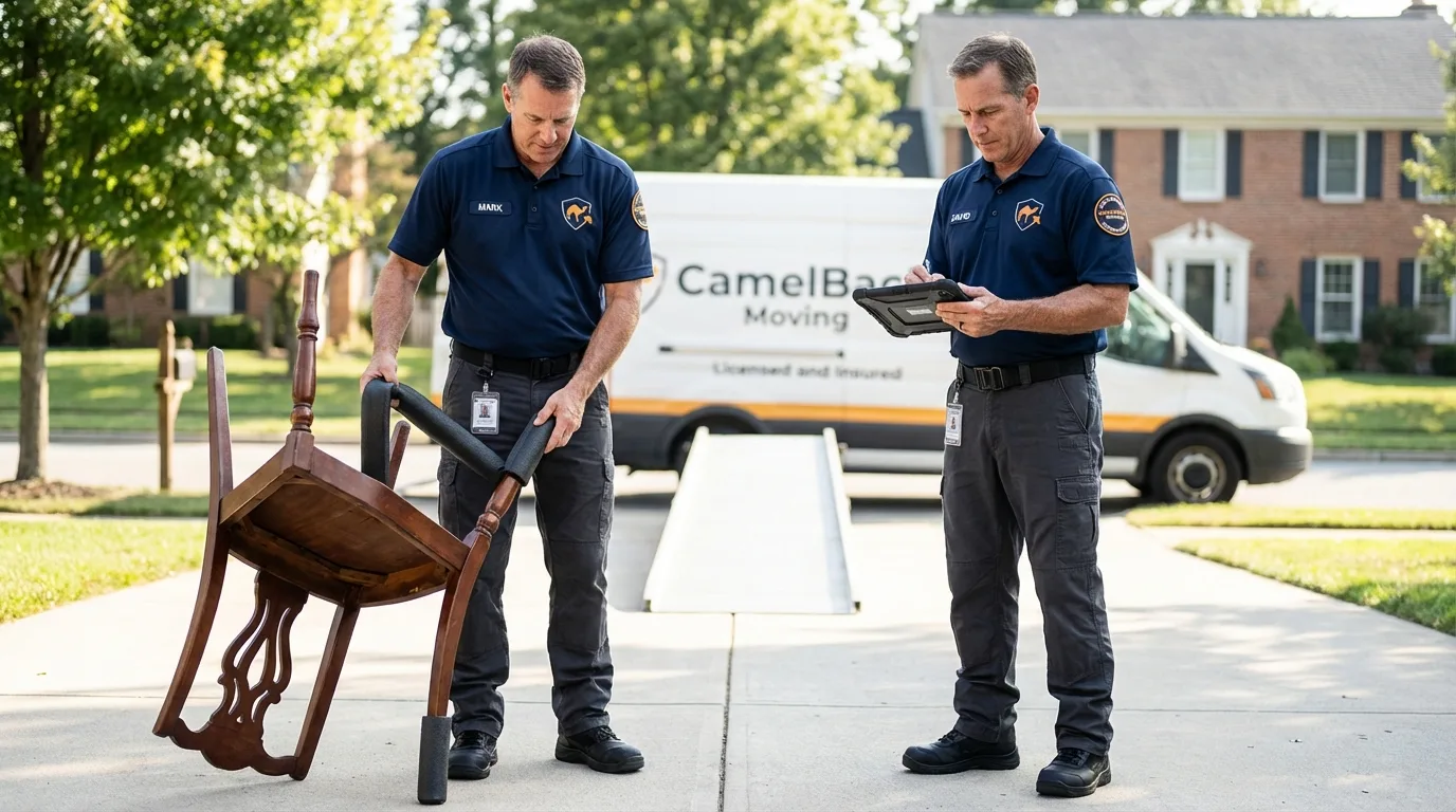 Movers inspecting furniture for damage prevention before loading in North Arlington, NJ
