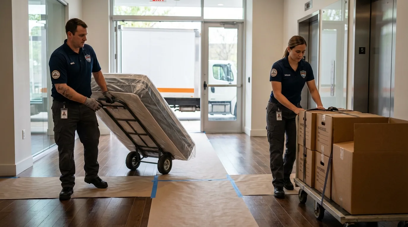 Professional apartment movers loading elevator in North Arlington, NJ