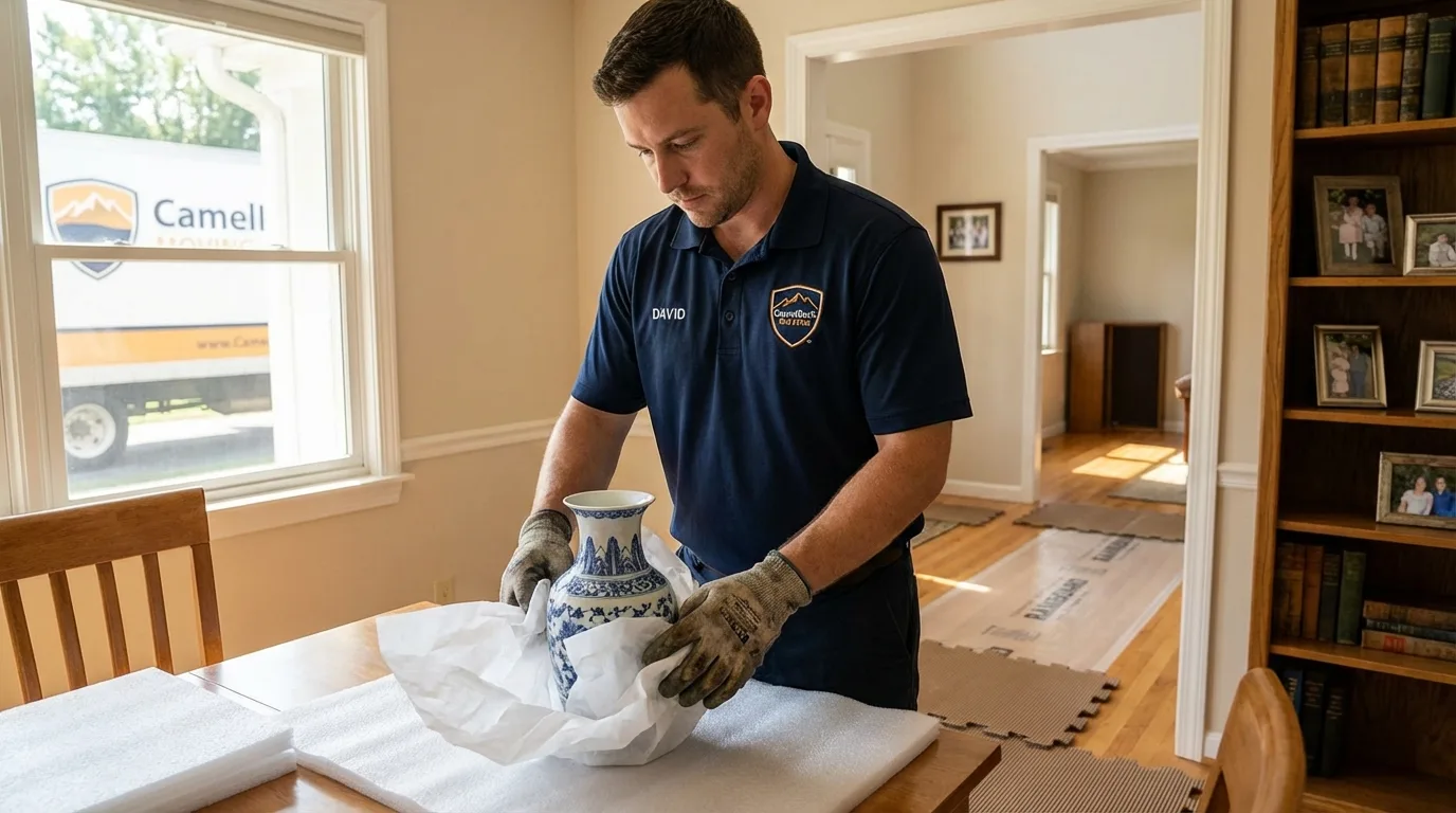 Professional crew carefully wrapping antique vase for senior downsizing move in North Arlington, NJ